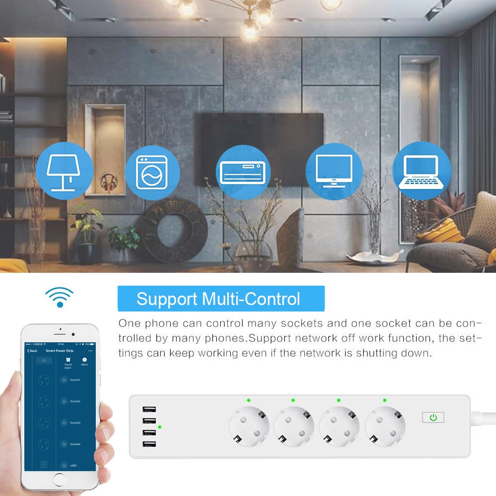 Wifi Smart Power Strip 4 EU Outlets Plug with 4 USBCharging Port Timing App Voice Control Work with Alexa Google Home Assistant