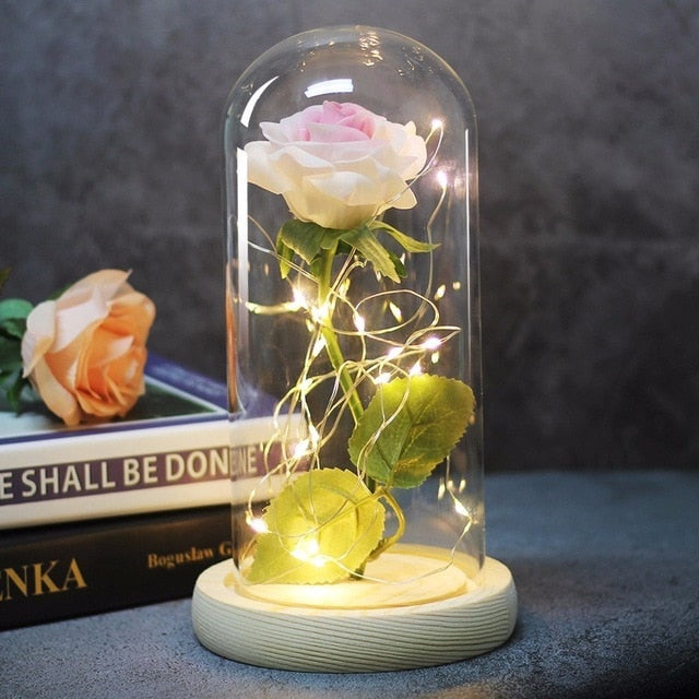 Beauty And Beast Rose In Flask Led Rose Flower Light Black Base Glass Dome Best For Mother's Day Valentines Day Gift