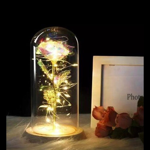 Beauty And Beast Rose In Flask Led Rose Flower Light Black Base Glass Dome Best For Mother's Day Valentines Day Gift