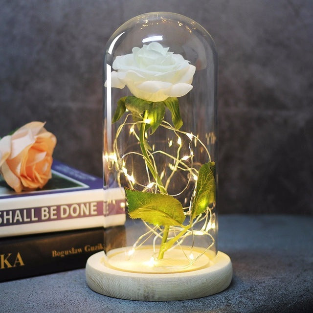 Beauty And Beast Rose In Flask Led Rose Flower Light Black Base Glass Dome Best For Mother's Day Valentines Day Gift