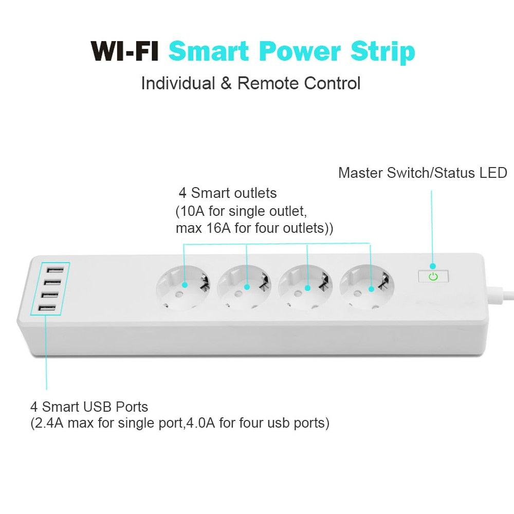 Wifi Smart Power Strip 4 EU Outlets Plug with 4 USBCharging Port Timing App Voice Control Work with Alexa Google Home Assistant