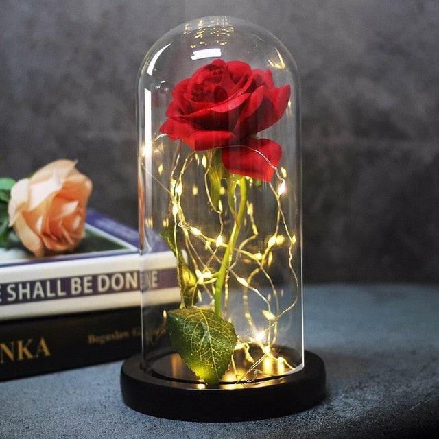 Beauty And Beast Rose In Flask Led Rose Flower Light Black Base Glass Dome Best For Mother's Day Valentines Day Gift