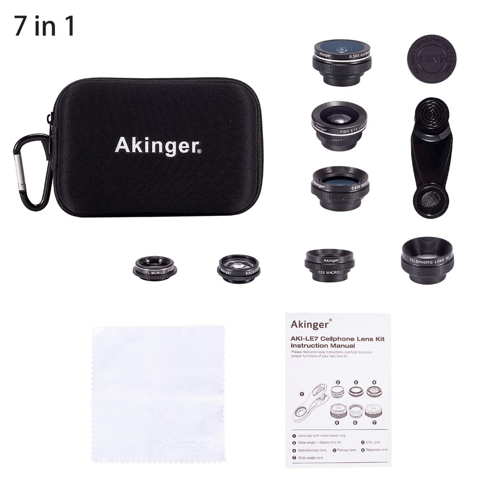 Akinger 4in1 5in1 7in1 10in1 13in1 Phone camera Lens Kit Fisheye Wide Angle macro telescope for iphone xiaomi android phone