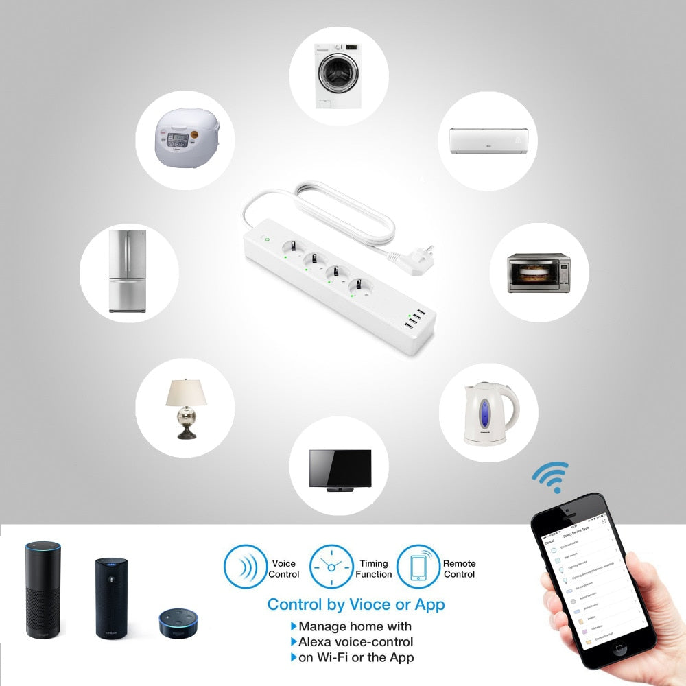 Wifi Smart Power Strip 4 EU Outlets Plug with 4 USBCharging Port Timing App Voice Control Work with Alexa Google Home Assistant