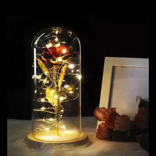 Beauty And Beast Rose In Flask Led Rose Flower Light Black Base Glass Dome Best For Mother's Day Valentines Day Gift