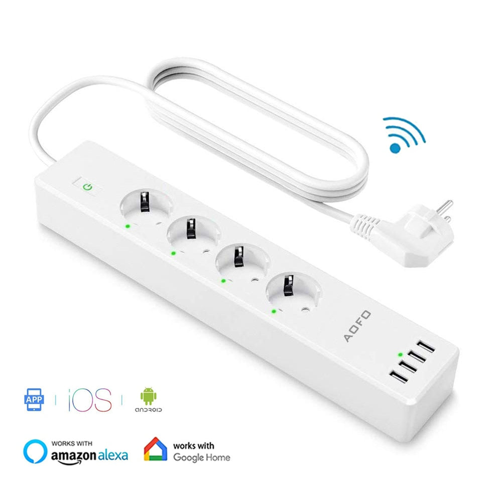 Wifi Smart Power Strip 4 EU Outlets Plug with 4 USBCharging Port Timing App Voice Control Work with Alexa Google Home Assistant