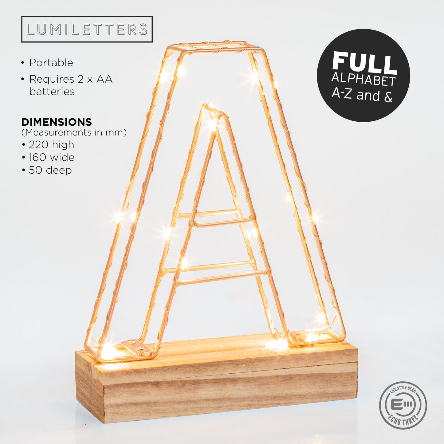 Light Up Letter A Wire Frame Copper Rose Gold Alphabet Light